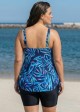 Plus Size Blue Tropical Leaf Scoop Neck Vintage Drawstring Women's Swimsuit Tankini Top