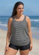 Plus Size White Stripe Scoop Neck Vintage Drawstring Women's Swimsuit Tankini Top