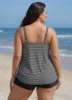 Plus Size White Stripe Scoop Neck Vintage Drawstring Women's Swimsuit Tankini Top