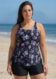 Plus Size Black Floral Scoop Neck Sleeveless Vintage Drawstring Women's Swimsuit Tankini Top