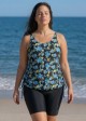 Green Floral Scoop Neck Sleeveless Modest Drawstring Curvy Women's Swimsuit Tankini Top