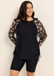 Black Floral Print Upf50+ Long Sleeves Modest Drawstring Plus Size Women's Swimsuit Tankini Top