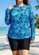 Curvy Blue Floral Upf50+ Long Sleeves Vintage Women's Swimsuit Tankini Top