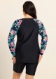 Plus Size Black Floral Upf50+ Long Sleeves Modest Women's Swimsuit Tankini Top