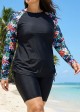 Plus Size Black Floral Upf50+ Long Sleeves Modest Women's Swimsuit Tankini Top