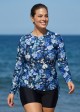 Curvy Navy Floral High Neck Upf50+ Long Sleeves Drawstring Women's Swimsuit Tankini Top