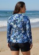 Curvy Navy Floral High Neck Upf50+ Long Sleeves Drawstring Women's Swimsuit Tankini Top