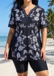 Black Floral V Neck Loose Short Plus Size Swimsuit Tankini Top