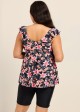 Black Pink Floral Print Scoop Neck Built In Bra Ruffle Plus Size Women's Swimsuit Tankini Top