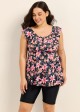 Black Pink Floral Print Scoop Neck Built In Bra Ruffle Plus Size Women's Swimsuit Tankini Top