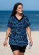 Green Iridescent Leaf Print V Neck Upf50+ Short Sleeves Flattering Curvy Swimsuit Tankini Top