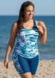Plus Size Blue And White Palm Trees Scoop Neck Vintage Women's Swimsuit Tankini Set