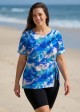 Plus Size Blue Floral Upf50+ Short Sleeves Vintage Side Drawstring Swimsuit Tankini Top