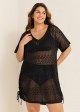 Black V Neck Cut Out Drawstring Swim Cover Up