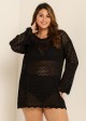 Curvy Black Hollow Crochet Knit Long Sleeves Beach Cover Ups Top