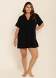 Plus Size Black Short Sleeves Gauze V Neck Beach Cover Ups Dress