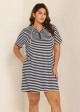 Plus Size Navy Striped Drawstring Hooded Beach Cover Ups Tee Dress
