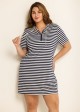 Plus Size Navy Striped Drawstring Hooded Beach Cover Ups Tee Dress