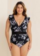 Black And White Floral Print Ruffle V-Neck Mesh One Piece Swimsuit