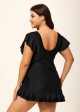 Black V Neck Petal Sleeve Vintage Modest Plus Size Drawstring One Piece Swimsuit