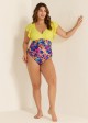 Yellow with Tropical Floral Print Ruffle Sleeved One Piece Swimsuit