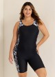 Black And White Coconut Tree Print Round Neck One Piece Swimsuit