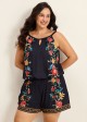 Plus Size Black Tropical Floral Keyhole Neck Modest Pocket Swimsuit One Piece Swim Romper