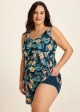 Green Swimming Costume Tropical Floral Scoop Neck Wide Strap Pocket Plus Size Swim Romper