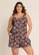 Plus Size Brown Ethnic Print Flattering Wide Straps Pocket Swimsuit One Piece Swim Romper