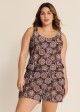 Plus Size Brown Ethnic Print Flattering Wide Straps Pocket Swimsuit One Piece Swim Romper