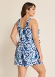 Curvy Blue And White Floral Vintage Wide Straps Pocket Swimsuit One Piece Swim Romper