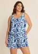 Curvy Blue And White Floral Vintage Wide Straps Pocket Swimsuit One Piece Swim Romper