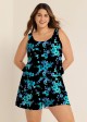 Plus Size Blue Floral Vintage Wide Straps Pocket Women's Swimsuit One Piece Swim Romper