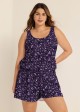 Purple Floral Modest Wide Straps Pocket Plus Size Women's Swimsuit One Piece Swim Romper