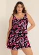 Plus Size Pink Floral Modest Wide Straps Pocket Women's Swimsuit One Piece Swim Romper