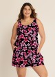 Plus Size Pink Floral Modest Wide Straps Pocket Women's Swimsuit One Piece Swim Romper