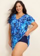 Blue Leaf V Neck Upf50+ Short Sleeves Vintage Pocket Curvy Swimsuit One Piece Swim Romper