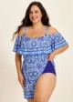 Curvy Blue Floral Print Off The Shoulder Flattering Ruffle Swimsuit One Piece Swim Romper