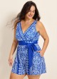 Blue And White Floral V Neck Modest Wrap Pocket Curvy Swimsuit One Piece Swim Romper