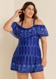 Plus Size  Navy Off The Shoulder Line Flowers Women One Piece Swimdress