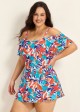 Curvy Colorful Tropical Leaf Off The Shoulder Modest Women's Swimsuit One Piece Swim Romper