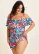 Curvy Colorful Tropical Leaf Off The Shoulder Modest Women's Swimsuit One Piece Swim Romper