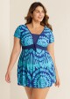 Plus Size Blue Geometric Print Short Sleeve Swimdress Top