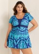 Plus Size Blue Geometric Print Short Sleeve Swimdress Top