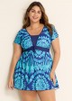 Plus Size Blue Geometric Print Short Sleeve Swimdress Top
