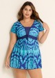 Plus Size Blue Geometric Print Short Sleeve Swimdress Top