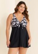 Trendy Black Floral Print Tie Front One Piece Swimsuit