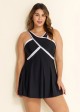 Black And White Cross Front High Neck One Piece Swimdress