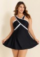 Black And White Cross Front High Neck One Piece Swimdress
