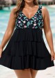 Plus Size Floral Print V Neck Layered Swimdress Top